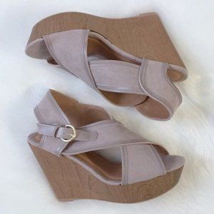 SALE! Taupe Tan Nude Crisscross Buckle Platform Wedges